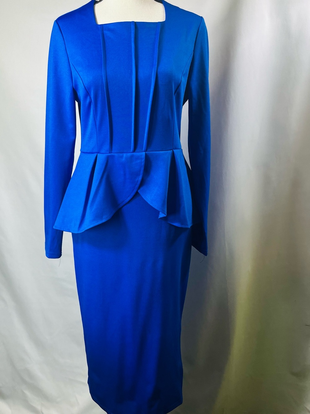 Metamorphosis Girl Blue Peplum Bodycon Midi Dress Size S Long Sleeve